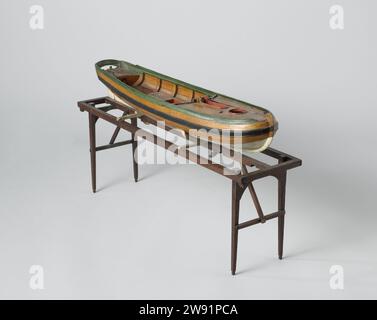 Modello di un peschereccio, anonimo, modello di nave 1820-1865. modello scafo. Mostra il modello di claus policromato modello di un peschereccio a un albero, senza carro di perforazione e su standard pieghevole. Si tratta di un elegante scafo con vita boschiva ricurva e arricciata, specchio a cuneo con wulf e piccola recinzione aperta; il timone ha una foglia larga e un re di agitazione rotondo ed è attaccato al modello con chiodi. La barca ha un ponte anteriore con intorno a Liegi, una grande cabina aperta contenente un panino in tre parti e un tele posteriore. Lo Zeeg corre leggermente su entrambi i lati, il modello ha un barkhout. Lo scafo sdrucciolevole è un punto di riferimento. Davanti Foto Stock