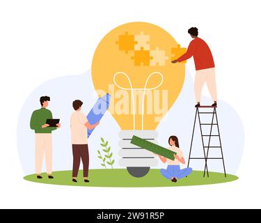 Lavoro di squadra e supporto nell'illustrazione vettoriale delle soluzioni aziendali. Cartoni animati piccole persone che spingono i pezzi del puzzle in una lampadina luminosa grande, tenendo marcatore e righello per progettare il progetto, risolvere i problemi di lavoro Illustrazione Vettoriale