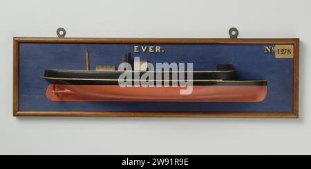 Half Model of a Gunboat, W.G. Armstrong & Co, c. 1870 - c. 1871 modello di nave. modello a metà. Modello da costruttore modello semicircolare policromato (Sterboard) e modello Block di tipo cannoniera. Si tratta di un fondo piatto con pre-stelo verticale, recinzione ellittica, agitazione con foglia del timone arrotondata; una delle due viti a tre lamelle è visibile sul modello. Il mainek, circondato da una densa ringhiera, viene riempito fino al coperchio del vaso; c'è il pidocchio per questo. Sul ponte della testa, da dietro: Un palo scioccato, una luce di copertura, uno dei pochi camini, un rialzo coperto al centro, e sul ponte anteriore un cannone coperto, W. Foto Stock