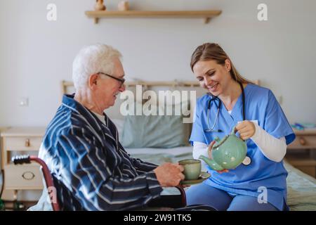 Lavoratore sanitario felice che serve tè all'uomo anziano seduto in sedia a rotelle a casa Foto Stock