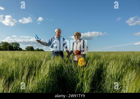 Coppia anziana che si diverte con il nipote sul campo Foto Stock