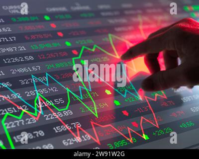 Operatore che controlla i dati del grafico del mercato azionario sullo schermo Foto Stock