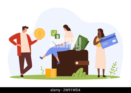 Gestione del budget con illustrazione vettoriale del portafoglio virtuale. Cartoni animati persone piccole che tengono carte di credito e monete in contanti vicino a una grande tasca personale con soldi, gestiscono salari e premi di rimborso del reddito Illustrazione Vettoriale