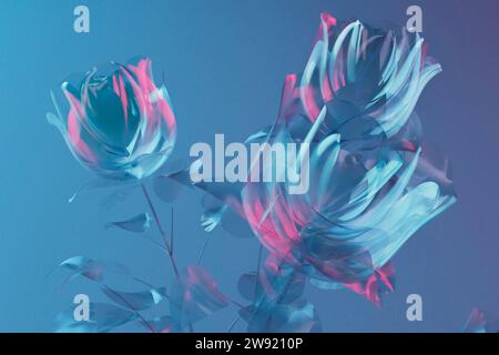 Rappresentazione 3D delle rose in fiore su sfondo blu Foto Stock