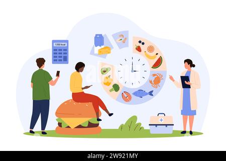 Contando le calorie negli alimenti per la perdita di peso utilizzando l'app mobile di calcolo. Le piccole persone pianificano la dieta quotidiana su Consiglio del nutrizionista, menu di controllo su grafico PL Illustrazione Vettoriale