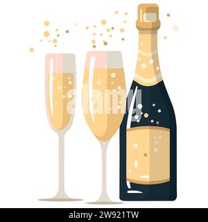 Bottiglia e bicchiere di champagne celebrativo, bevanda alcolica, festa, matrimonio, vacanza. Bottiglia di vetro frizzante. Design semplice e minimale piatto. Illustrazione Vettoriale