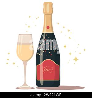 Bottiglia e bicchiere di champagne celebrativo, bevanda alcolica, festa, matrimonio, vacanza. Bottiglia di vetro frizzante. Design semplice e minimale piatto. Illustrazione Vettoriale