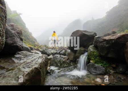 Uomo in piedi sulle rocce vicino alle montagne nella foresta pluviale Foto Stock