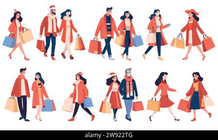 Uomini e donne che trasportano borse della spesa indossando abiti caldi, saldi invernali stagionali, design piatto, illustrazione vettoriale. Illustrazione Vettoriale