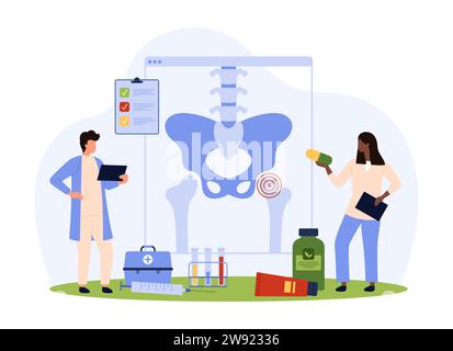 Osteoartrite, osteoporosi, problemi ortopedici e diagnosi di infiammazione dell'anca illustrazione vettoriale. Cartone animato le persone piccole diagnosticano la malattia delle articolazioni pelviche e l'infiammazione della cartilagine su pazienti xray Illustrazione Vettoriale