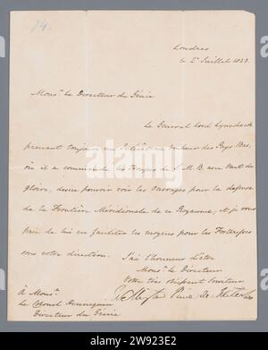 Brief, Wellington, 1823 Letter doppio foglio piegato, fronte descritto in inchiostro marrone, lettera da Wellington a Hennequin, direttore du Genie, francese. Firmato; o.: Wellington. Datato; L.B.: 1° 2° luglio 1823. Giornale di Londra. scrittura inchiostro (processi) Foto Stock