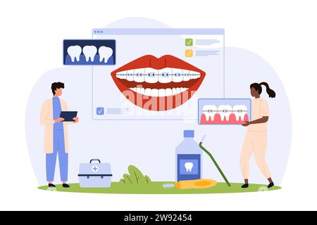 Apparecchi ortodontici, trattamento dei denti e correzione dell'occlusione in odontoiatria. Piccole persone che tengono il dente con staffa e filo metallico, denti ortodontisti che raddrizzano illustrazioni vettoriali dei cartoni animati Illustrazione Vettoriale