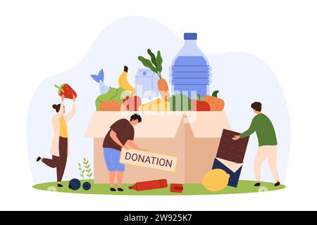 Beneficenza e distribuzione di cibo, sostegno sociale benefico per i poveri e sensibilizzazione. Piccoli volontari donano aiuto, raccolgono i prodotti necessari dal negozio di alimentari in scatola illustrazioni vettoriali Illustrazione Vettoriale