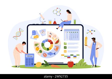 Diario alimentare per la perdita di peso, calcolatore di calorie nell'app online. Piccole persone che utilizzano il servizio di pianificazione con grafici di dati di prodotti sullo schermo del computer portatile per pianificare una dieta quotidiana sana illustrazione vettoriale dei cartoni animati Illustrazione Vettoriale