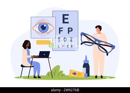 Assistenza oculistica, illustrazione vettoriale di controllo oftalmologia. Cartone animato le persone minuscole controllano la vista dei pazienti con grafico visivo all'appuntamento oftalmologico in ospedale, optometrista medico che tiene gli occhiali Illustrazione Vettoriale