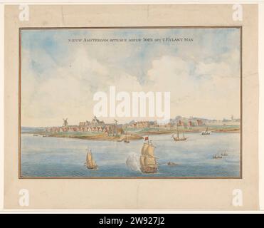 New Amsterdam o Nue New IORX Opt't Eylant Man, Anonymous, c. 1660 Vista sulla costa dell'isola di Manhattan dal mare sulla città di New Amsterdam o New York, sotto una grande nuvolosa aria. Quattro navi a vela in mare; le più grandi riprese perse. Tre navi con bandiera olandese, sotto tre barche a remi. Ponteggio centrale con due pali dietro cui si trovano le case. carta. acquerello (pennello) prospettiva della città, panorama della città, silhouette della città - II - città ideale New Amsterdam. New York (City). Manhattan Foto Stock