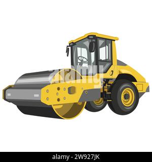 Rullo per asfalto giallo, rullo a vapore, immagine vettoriale del rullo su sfondo bianco Illustrazione Vettoriale