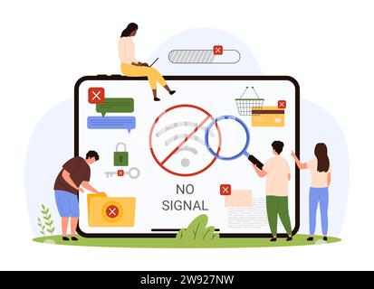 Niente Internet. Piccole persone che guardano attraverso la lente di ingrandimento l'icona Wi-Fi barrata sullo schermo del notebook, errore di caricamento offline, nessun accesso a e-mail, chat e documenti online illustrazioni vettoriali dei cartoni animati Illustrazione Vettoriale