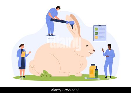 Coniglio alla visita veterinaria. Le piccole persone controllano la salute degli animali orecchie con otoscopio, coniglietto felice gigante e squadra di medici presso la clinica veterinaria cartone animato illustrazione vettoriale Illustrazione Vettoriale