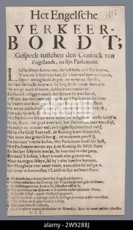Il trampolino inglese; giocato tra il Coninck van Engelandt, e il suo parlamento, 1673 Hatel poem (allegoria) su una partita giocata tra il re inglese e il suo parlamento, con grande titolo e nove note a piè di pagina numerate da a a i. M.O. è stampato: 'Uyt'. Stampato su entrambi i lati. Iscrizione; al centro della parte superiore: L'inglese / traffico / tabellone; / gioca tra il coninck of / Englandt, e il suo parlamento. Datato; R.B.: 1673 (matita). Carta dei Paesi Bassi. stampa a matita Foto Stock