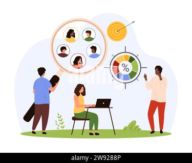 Ricerca Focus Group. L'analisi dei segmenti di pubblico e del comportamento dei consumatori da parte di piccole persone con lente d'ingrandimento e target, i personaggi del team di marketing coinvolgono i clienti illustrazioni vettoriali di cartoni animati Illustrazione Vettoriale