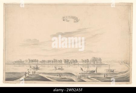 Vista di Surabaya, A. de Nelly (possibile), 1762 - 1783 Vista di disegno delle case di Surabaya sul Kali Mas. Strada lungo un fiume con figure diverse. Tre barche e una zattera sul fiume. Una barca con una bandiera olandese ormeggiata. Dall'altra parte alberi e case. Carta Java. penne/pennelli a inchiostro nelle regioni tropicali e subtropicali. fiume (+ paesaggio con figure, personale) Java. Surabaya. Kali Mas Foto Stock