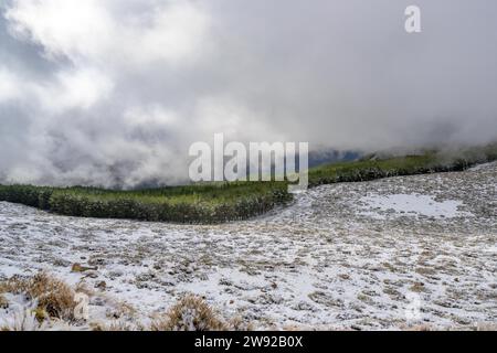 Bufera piena di neve nelle montagne della sierra nevada, granada, andalusia, spagna Foto Stock