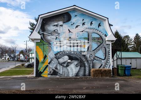 Murale che celebra il Canale di Grenville a Grenville, Quebec, Canada Foto Stock