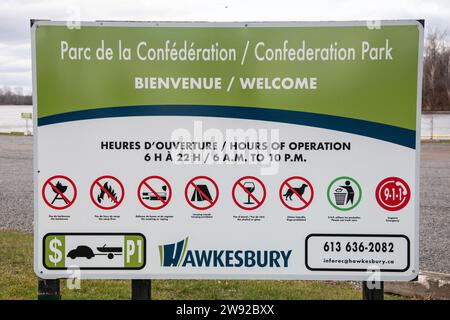 Benvenuto all'insegna del Confederation Park a Hawkesbury, Ontario, Canada Foto Stock