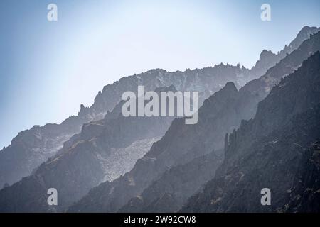 Vista delle montagne rocciose nella valle di Ala Archa, paesaggio montano, Parco Nazionale di Ala Archa, Monti Khirgiz Ala-Too, regione di Chuy, Kirghizistan Foto Stock