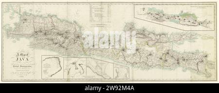 Mappa di Giava con cinque carte extra, Thomas Stamford Raffles (SIR), 1817 Mappa di Giava, i confini e le coste colorate. Con cinque carte extra: Programma di Palabuan Ratu o Wine Coops Bay in CAPT. Baane, il porto occidentale e anche orientale formato dall'isola di Nusa Kambang'an, la baia di Pachitan, in alto a destra mappa mineralogica di Thomas Horsfield, 1812. Al centro della scala in miglia inglesi e olandesi. Carta di Londra incisione mappe di diversi paesi o regioni Java Foto Stock