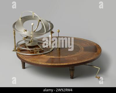 Il sistema dell'anello, parte del Planetarium, tellurium, Lunarium, Hartog van Laun, c. 1800 - c. 1808 dispositivo con il quale il movimento del sole, della terra, della luna e dei pianeti può essere presentato in modo visibile. Sistema ad anello: Tre anelli orizzontali di gambe fissati uno sopra l'altro con immagini a stella e divisioni in scala. Si trova sulla base di un rettangolo con un collegamento all'anello superiore su quattro lati. Sul rettangolo una scala temporale con iscrizione e firma. Un bastone attraversa la scala temporale su cui è attaccato un globo d'avorio. Questo sistema ad anello appartiene a un telaio (-3) e comprende vari separa Foto Stock