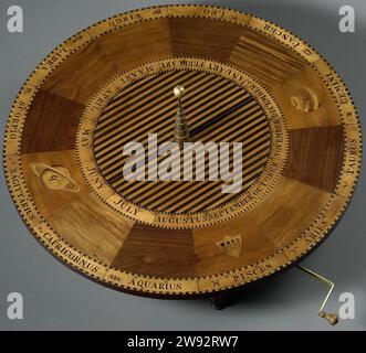 Il telaio del Planetarium, tellurium, Lunarium, Hartog van Laun, c. 1800 - c. 1808 dispositivo con il quale il movimento di sole, terra, luna e pianeti può essere presentato in modo visibile. Il telaio è un tavolo su quattro gambe corte con una struttura in ottone sotto il piano del tavolo che sporge un'asta su cui è possibile far scorrere una manovella (-4). Il piano contiene nomi e simboli delle immagini a stella e i dodici mesi. Centrare un treppiede passo per passo. Questo include il sole (una sfera dorata: -5). Ottone Amsterdam (lega). ivory. rosewood (legno). mogano (legno). padouk (legno). ebano (legno). acero (legno). quercia (w Foto Stock