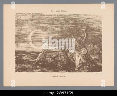 De Halve Maan, Marius Bauer, 1897 stampa Cartoon on on the risveglio dei paesi islamici e la battaglia in Afghanistan e Beloetsjistan (Baluchestan). Pubblicato con l'aggiunta di "De Kroniek" del 5 settembre 1897. Tipografia: Netherlandsprinter: Amsterdampublisher: Amsterdam paper caricature politiche e satire. Luna pendente, cioè rivolta in questa direzione ( Afghanistan. Baluchestan Foto Stock