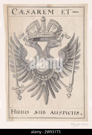 Emblema allegorico alla Pace di Rijswijk, 1697, Anonimo, 1697 disegno emblema con l'aquila austriaca a due teste coronata, con vello dorato, scettro e spada negli artigli. Iscrizione: Caesarem et- / huius sub auspices. Progettare una decorazione in occasione della celebrazione della Pace di Rijswijk nel 1697. Carta dei Paesi Bassi del Nord. penna/pennello a inchiostro per feste su eventi di importanza nazionale (+ decorazione festiva  attività festive). aquila a due teste (+ animali araldici) Foto Stock