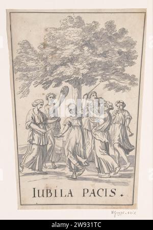 Emblema allegorico alla Pace di Rijswijk, 1697, Anonimo, 1697 disegnare emblema con un gruppo di sei donne che fanno musica e ballano intorno ad un albero. Iscrizione: Iubila Pacis. Progettare una decorazione in occasione della celebrazione della Pace di Rijswijk nel 1697. Carta dei Paesi Bassi del Nord. penna/pennello a inchiostro per feste su eventi di importanza nazionale (+ decorazione festiva  attività festive). Simboli, allegorie della pace, "Pax"; "Pace" (Ripa). balli di gruppo intorno a qualcuno o qualcosa del genere (balli folcloristici) Foto Stock