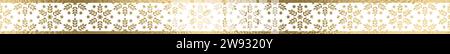 Bordo senza cuciture a fiocco di neve oro con sfondo trasparente. Pizzo senza fine con texture dorata lucida. Illustrazione Vettoriale