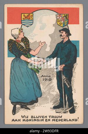 La Zelanda e il Limburgo meridionale mostrano il loro attaccamento al contesto statale olandese, JL, 1919 Una donna in costumi della Zelanda indica la mappa dei Paesi Bassi e scuote la mano di un minatore del Limburgo. Sopra di loro le armi delle province di Zelanda e Limburgo. Bussum paper Paesi Bassi Foto Stock