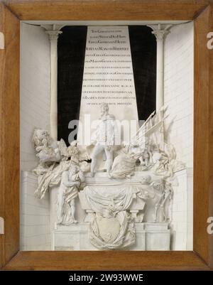 Modello del Memoriale di J.F. de Friderici, 1812 l'immagine dell'ex governatore J.F.de Friderici è la figura centrale. Sotto questa figura vediamo una bara fiancheggiata dalla morte (per lo spettatore a destra) e un uomo in lutto (a sinistra), con ancora sotto lo stemma familiare dei friderici. A colori, questo assomiglia a questo: In blu un teschio d'argento appoggiato su due ossa morte d'argento incrociate, un sole dorato in alto a destra e una stella dorata a sei punte. La figura dei friderici è fiancheggiata a sinistra da un'aquila con tre bandiere e un leone in lotta con una leonessa. A destra vediamo una donna in lutto e un ch Foto Stock