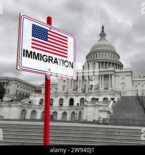 L'immigrazione del governo DEGLI STATI UNITI e gli immigrati americani o la crisi dei rifugiati degli Stati Uniti alla frontiera come questione sociale sui rifugiati migranti o illegali Foto Stock