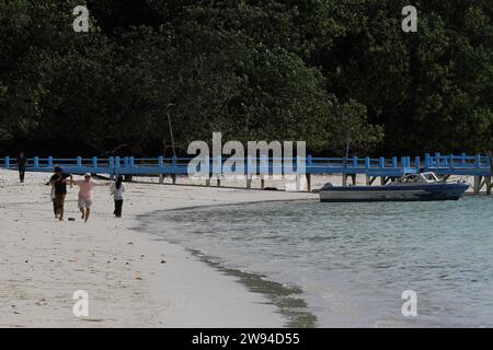 Pandeglang, Banten, Indonesia. 23 dicembre 2023. La gente visita l'isola di Peucang, che è un sito patrimonio dell'umanità dell'UNESCO nel Parco Nazionale di Ujung Kulon, nel distretto di Sumur. (Immagine di credito: © Angga Budhiyanto/ZUMA Press Wire) SOLO USO EDITORIALE! Non per USO commerciale! Foto Stock