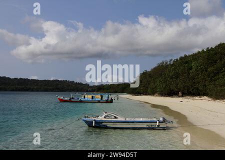 Pandeglang, Banten, Indonesia. 23 dicembre 2023. Vista generale dell'isola di Peucang, patrimonio dell'umanità dell'UNESCO nel Parco Nazionale di Ujung Kulon, distretto di Sumur. (Immagine di credito: © Angga Budhiyanto/ZUMA Press Wire) SOLO USO EDITORIALE! Non per USO commerciale! Foto Stock