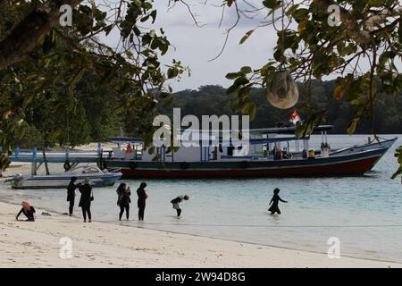 Pandeglang, Banten, Indonesia. 23 dicembre 2023. La gente visita l'isola di Peucang, che è un sito patrimonio dell'umanità dell'UNESCO nel Parco Nazionale di Ujung Kulon, nel distretto di Sumur. (Immagine di credito: © Angga Budhiyanto/ZUMA Press Wire) SOLO USO EDITORIALE! Non per USO commerciale! Foto Stock