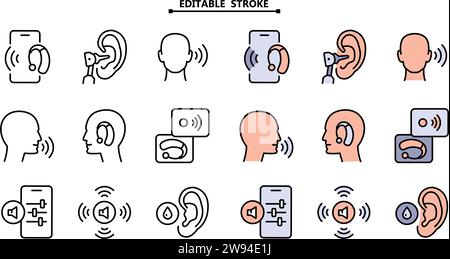 Set di icone per la raccolta di apparecchi acustici. Tratto modificabile. Auricolari musicali e pittogrammi piatti a colori dinamici, dispositivi acustici e pulsante del volume. V Illustrazione Vettoriale