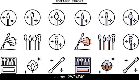 Set di icone colorate in batuffoli di cotone. Tratto modificabile. Illustrazione vettoriale dalla raccolta di trucco. Icona bastoncino di plastica in cotone. Simbolo semplice da utilizzare sul Web e. Illustrazione Vettoriale