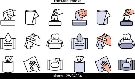 Set di icone vettoriali per sanitari pubblici, asciugamani in tessuto, tovaglioli umidi e di carta. Tratto modificabile. Salvietta igienica e igienica per bagno o servizi igienici Illustrazione Vettoriale