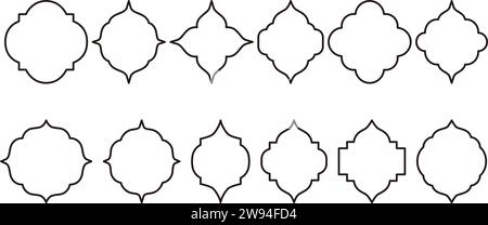 Collezione estetica di finestre e archi in stile orientale in stile contorno. Gli elementi di design minimalistici creano un aspetto visivo unico. Illustrazione Vettoriale