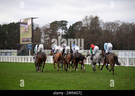 Ascot, Berkshire, 23 dicembre 2023. I piloti dell'ippodromo di Ascot sostengono il concorso Schools Photography Competition Novices' handicap hurdle Race il secondo giorno del weekend Howden Christmas Racing all'ippodromo di Ascot. Proprietario sulle galoppe - Top Cloud. Allenatore Robbie Llewellyn, Swindon. Breeder Wood Farm Stud Credito: Maureen McLean/Alamy Live News Foto Stock