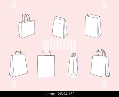 Set di sacchetti di carta disegnati a mano. Pranzo di carta, sacchetti di cibo vettoriale, artigianato e shopping. Set illustrativo di sacchetti di prodotti alimentari piegati per la spesa vuoti. Illustrazione Vettoriale