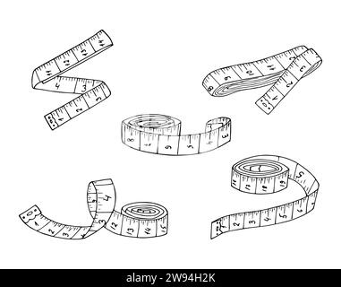 Set di metro a nastro illustrato a mano. Schizzo del nastro metrico. Nastro al centimetro. Strumento per personalizzazione, atelier, icona del vettore di fitness isolato Illustrazione Vettoriale